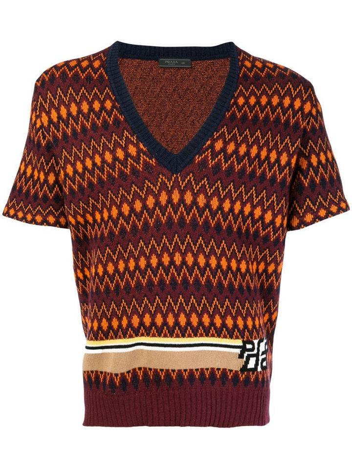 Prada V-neck Intarsia Logo Sweater - Yellow