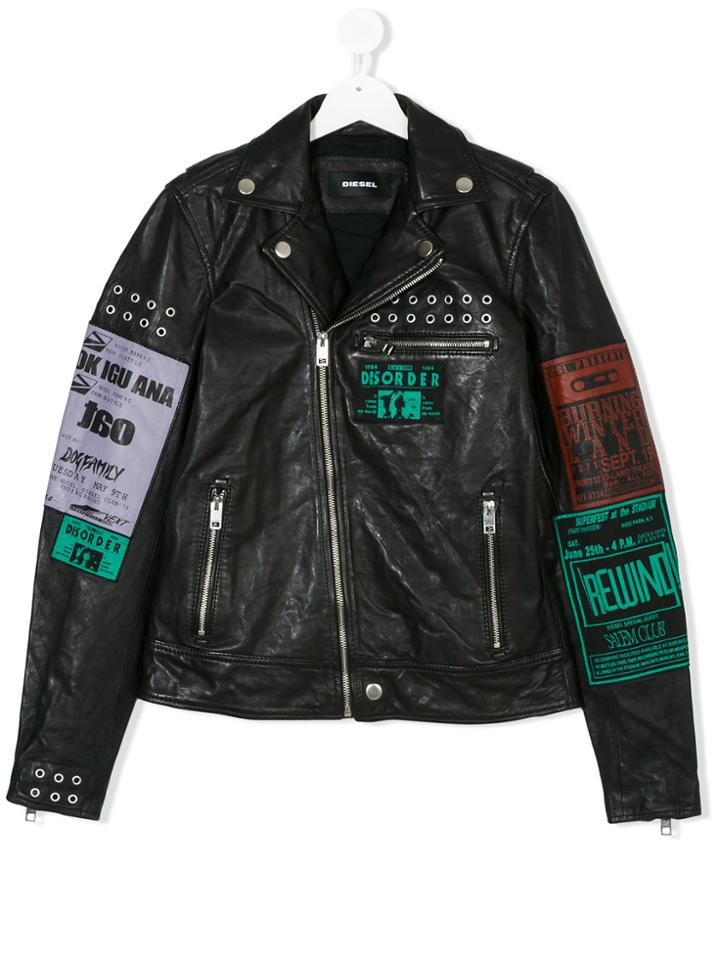 Diesel Kids Patch Print Leather Jacket - Black