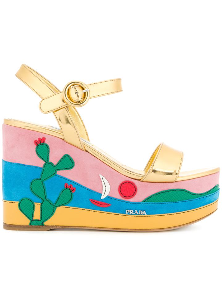 Prada Embellished Wedge Sandals - Metallic