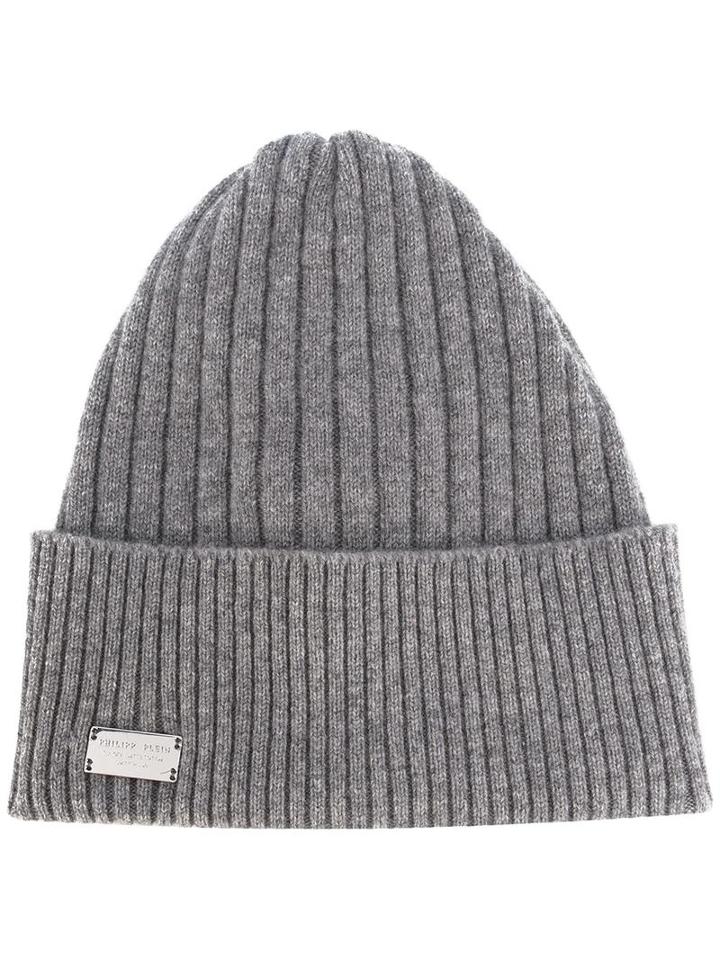 Philipp Plein Ribbed Knie Beanie, Men's, Grey, Cashmere