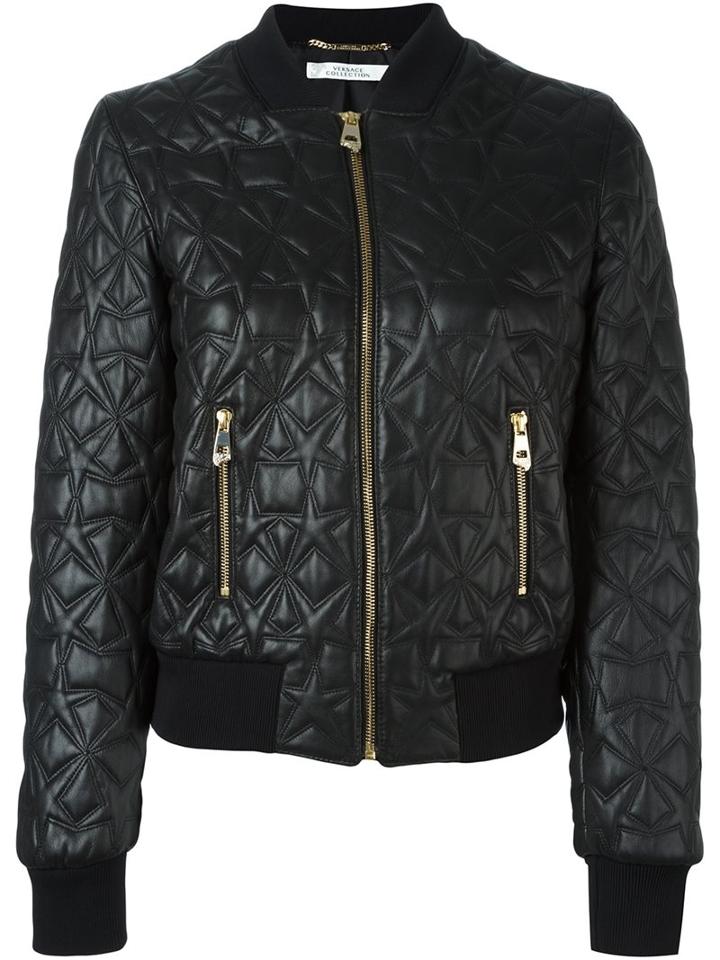 Versace Collection Embossed Leather Jacket, Women's, Size: 44, Black, Lamb Skin/polyamide/polyester/spandex/elastane