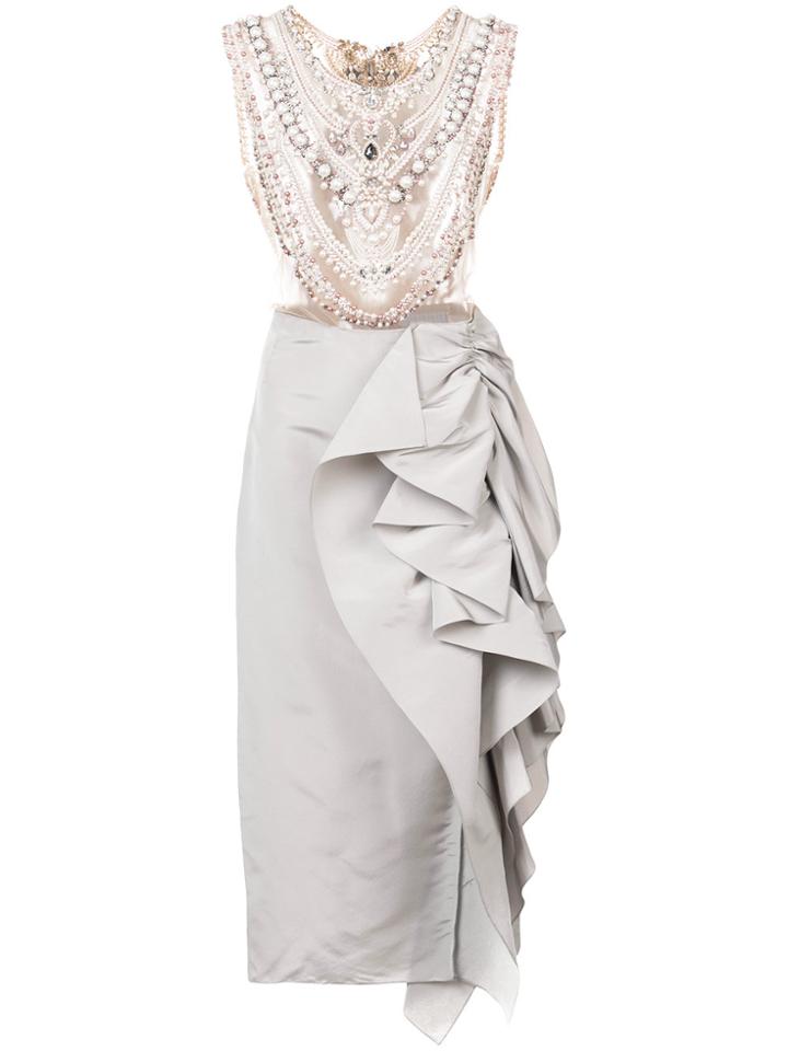 Marchesa Embellished Chest Panel Asymmetric Gown - Grey