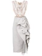 Marchesa Embellished Chest Panel Asymmetric Gown - Grey