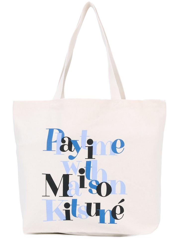 Maison Kitsuné Logo Print Tote, Men's, Nude/neutrals, Cotton