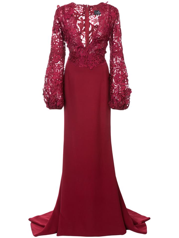 J. Mendel Guipure Lace V-neck Trumpet Gown - Red