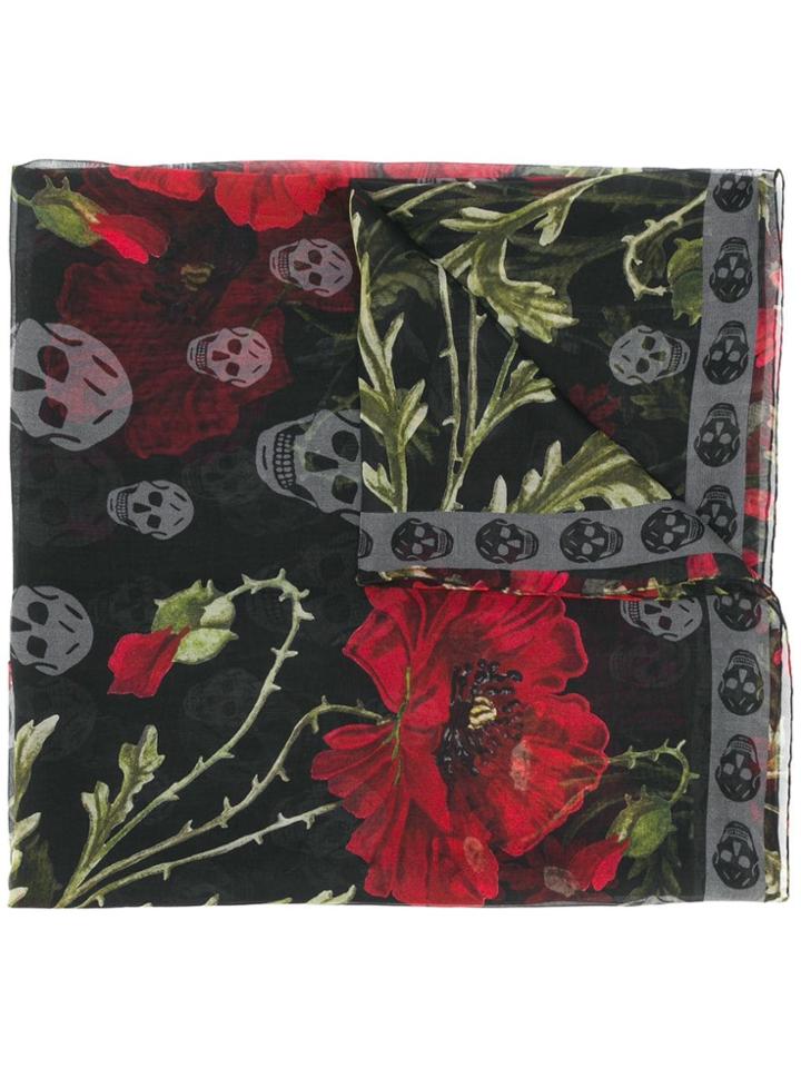 Alexander Mcqueen Floral Skull Print Scarf - Black