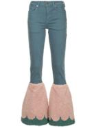 Tu Es Mon Trésor Scalloped Faux Fur Hem Flared Jeans - Blue