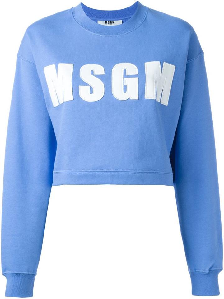 Msgm Cropped Logo Patch Sweatshirt, Women's, Size: S, Blue, Cotton