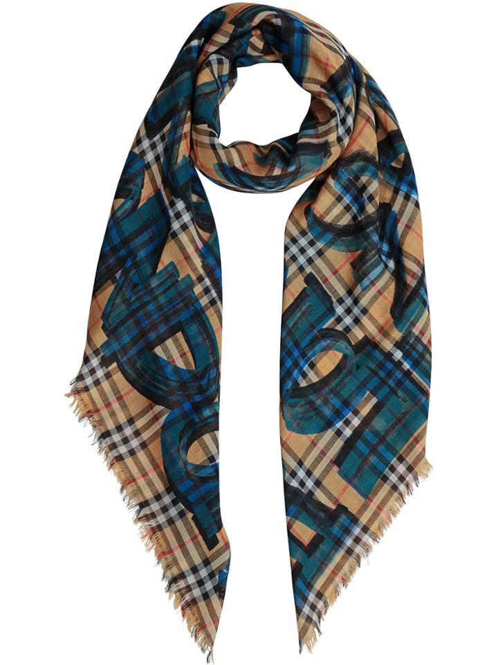 Burberry Graffiti Print Check Wool Silk Large Square Scarf - Brown