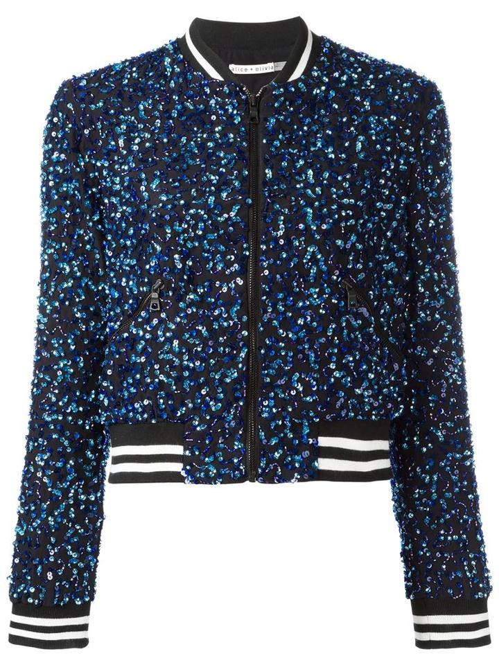 Alice+olivia Sequin Embroidery Cropped Bomber Jacket, Women's, Size: Small, Blue, Polyester/spandex/elastane/silk