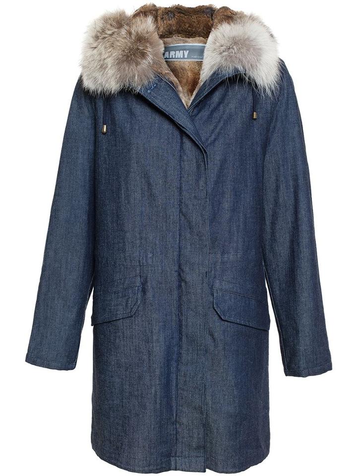 Army Yves Salomon Rabbit Fur Lined Denim Parka, Women's, Size: 36, Blue, Rabbit Fur/polyester/coyote Fur