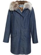Army Yves Salomon Rabbit Fur Lined Denim Parka, Women's, Size: 36, Blue, Rabbit Fur/polyester/coyote Fur