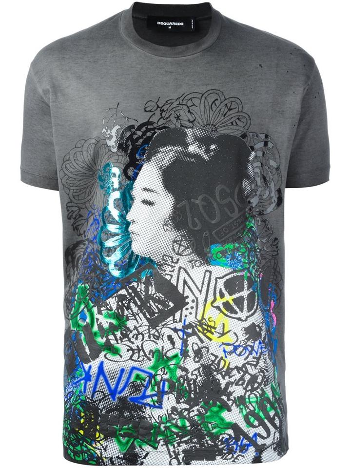 Dsquared2 Graffiti Geisha Print T-shirt, Men's, Size: Medium, Grey, Cotton