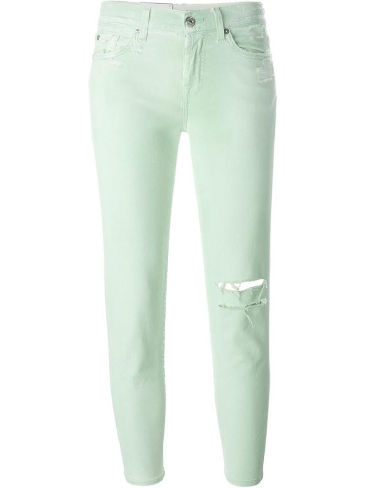 7 For All Mankind Stretch Fabric Distressed Skinny Jeans, Women's, Size: 24, Green, Cotton/lyocell/spandex/elastane