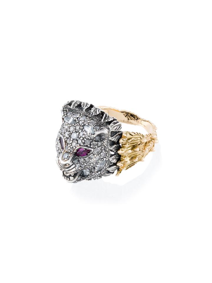 Gucci Diamond And Ruby Tiger Head Ring - Metallic