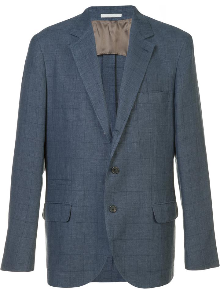 Brunello Cucinelli Checked Suit Jacket, Men's, Size: 52, Blue, Silk/linen/flax/wool