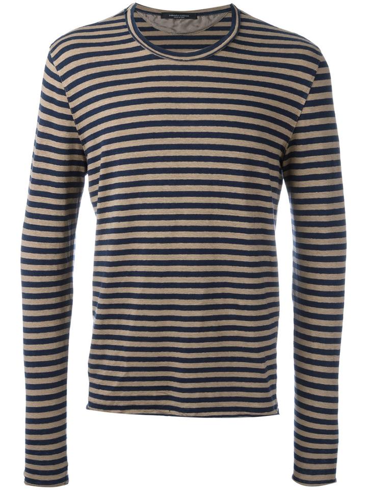 Roberto Collina Long Sleeve Striped T-shirt, Men's, Size: 54, Blue, Linen/flax/elastodiene