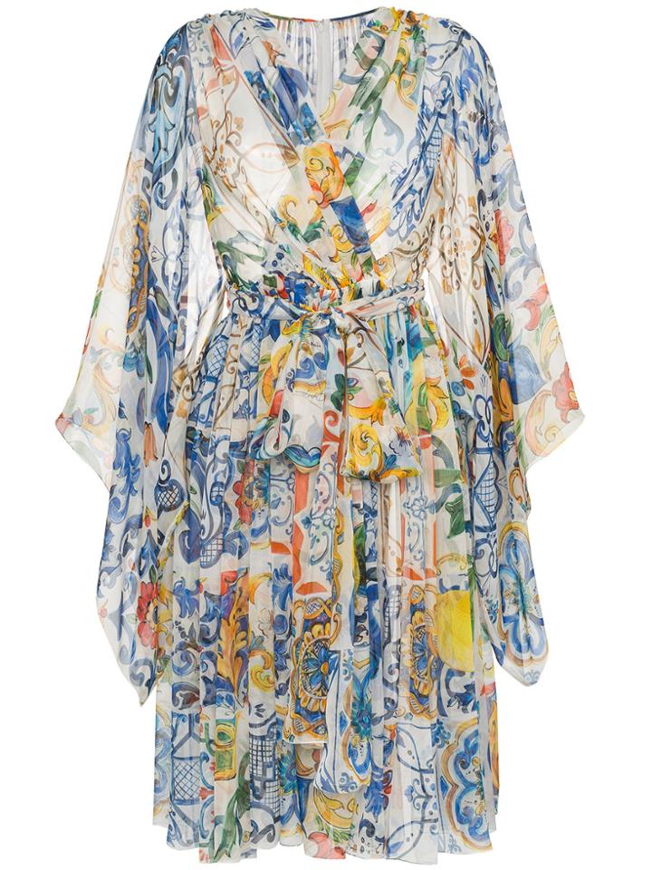 Dolce & Gabbana V-neck Majolica Print Silk Chiffon Dress - Multicolour