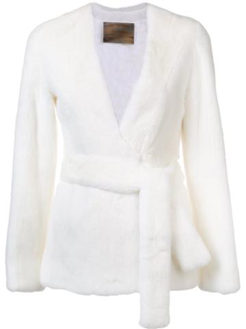 Brock Collection Tie Waist Jacket, Women's, Size: 2, White, Silk/mink Fur