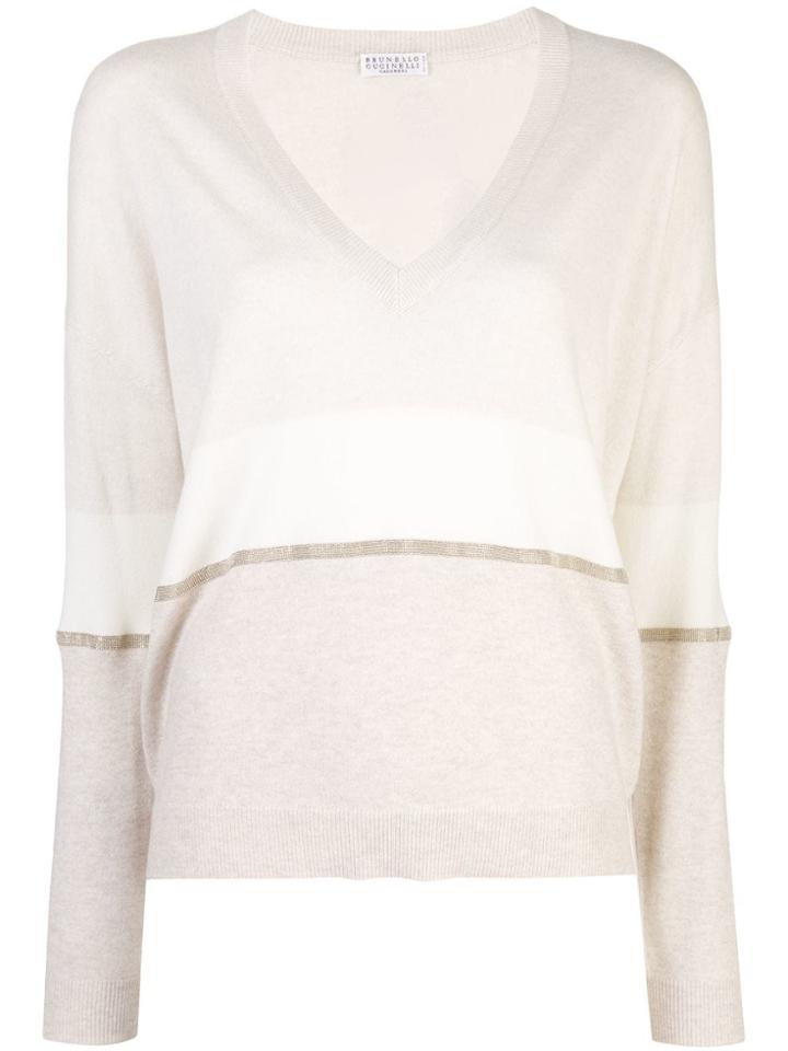 Brunello Cucinelli Striped V-neck Jumper - Neutrals