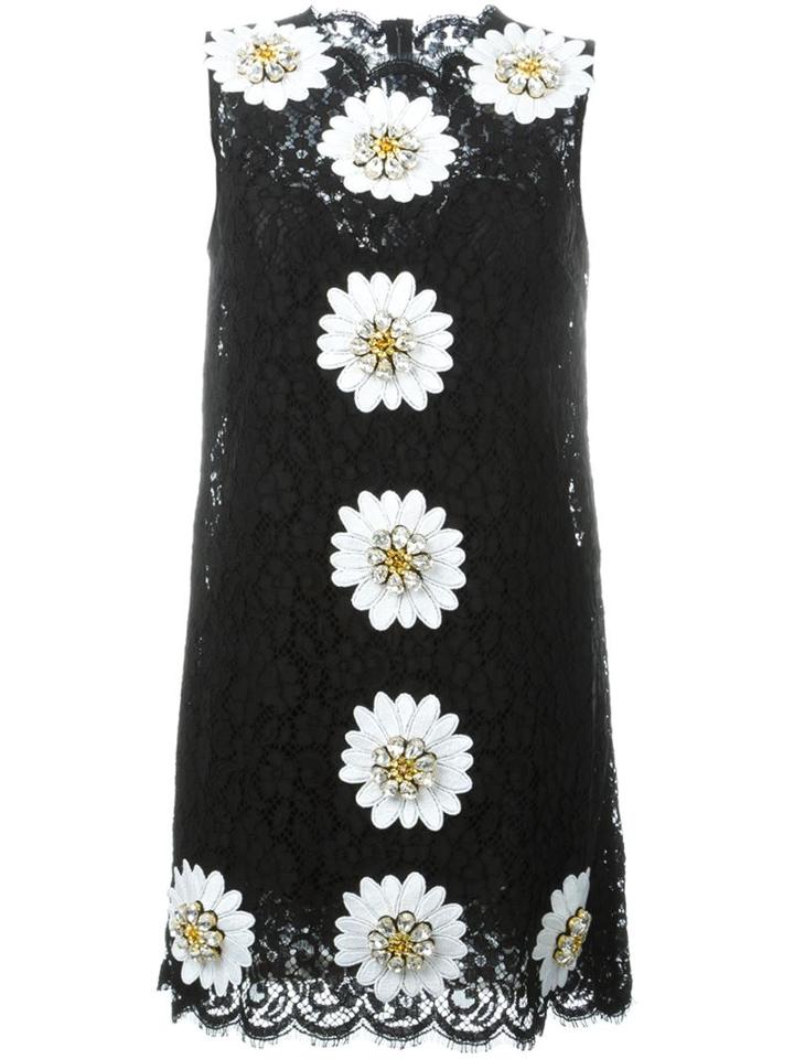 Dolce & Gabbana Daisy Appliqué Lace Dress, Women's, Size: 46, Black, Silk/cotton/nylon