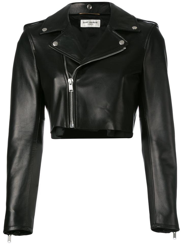 Saint Laurent Cropped Motorcycle Jacket, Women's, Size: 40, Black, Lamb Skin/cupro/cotton