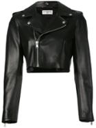 Saint Laurent Cropped Motorcycle Jacket, Women's, Size: 40, Black, Lamb Skin/cupro/cotton