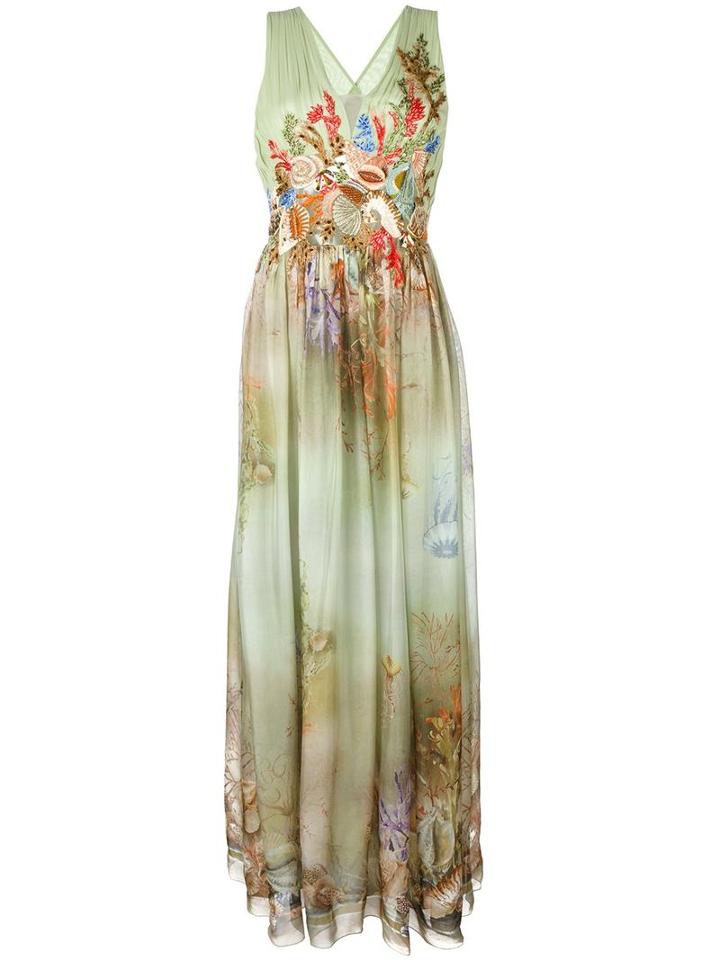 Alberta Ferretti Shells Patch Flared Gown, Women's, Size: 42, Green, Silk/rayon