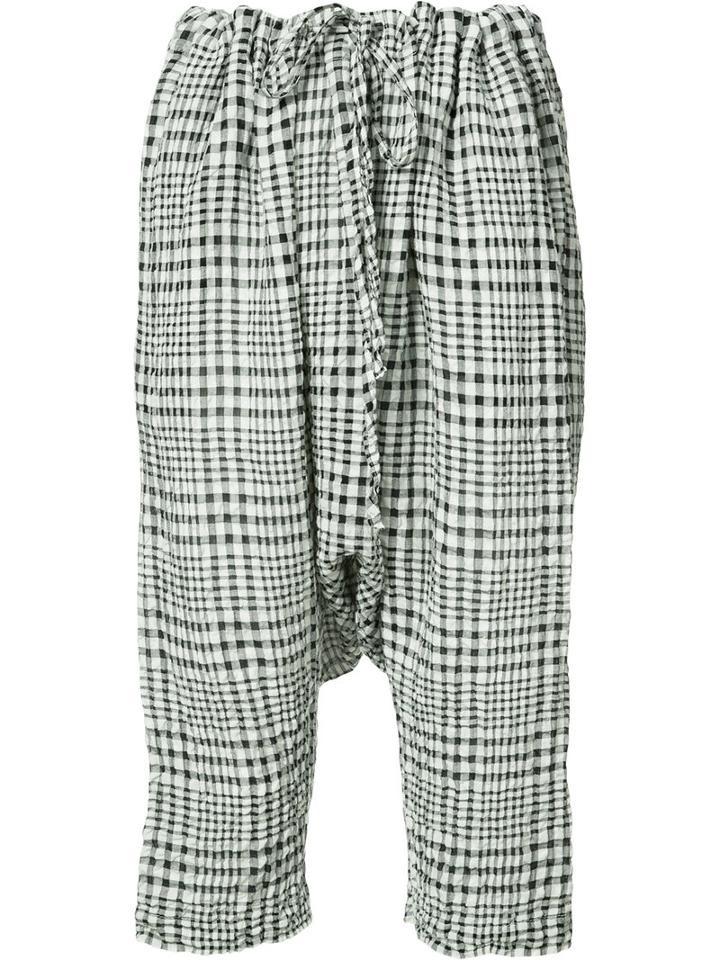 Forme D'expression - Gingham Drop-crotch Cropped Trousers - Women - Cotton/linen/flax - S, White, Cotton/linen/flax