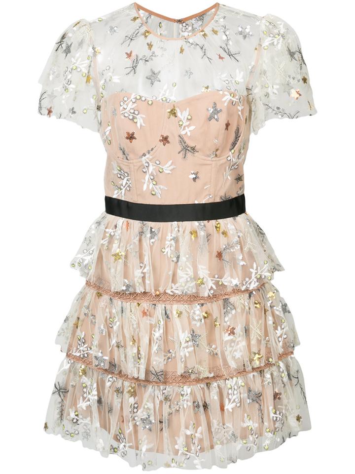 Self-portrait Floral Embroidered Tiered Dress - Nude & Neutrals