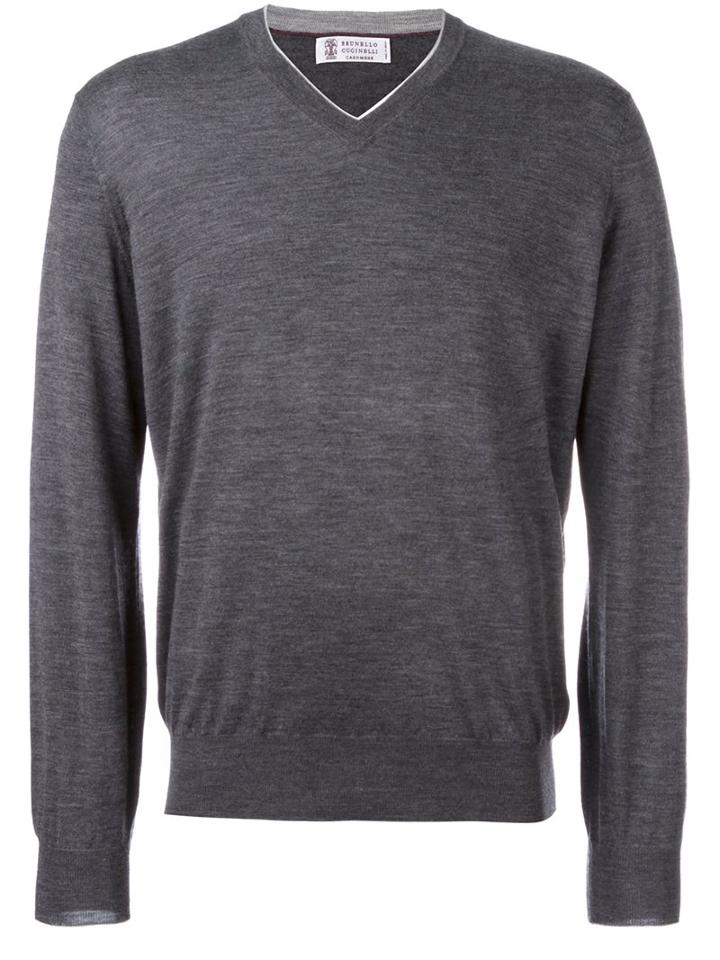 Brunello Cucinelli V-neck Jumper, Men's, Size: 50, Grey, Virgin Wool/cashgora