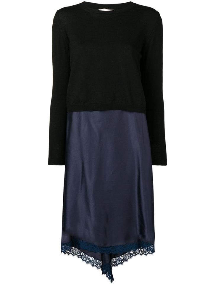Semicouture Asymmetric Lace Hem Midi Dress - Black