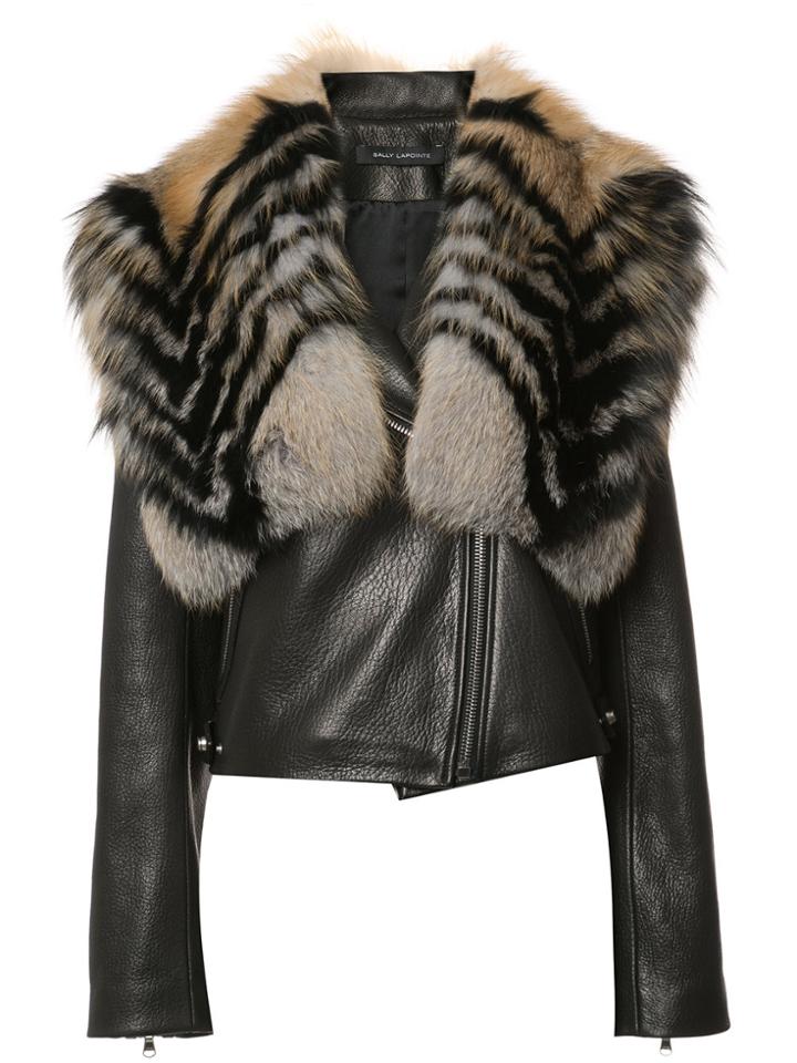 Sally Lapointe Leather Jacket With Removable Fox Fur Shawl - Black