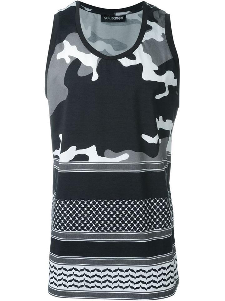 Neil Barrett Stripe And Camouflage Print Tank Top, Men's, Size: Small, Grey, Cotton