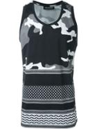 Neil Barrett Stripe And Camouflage Print Tank Top, Men's, Size: Small, Grey, Cotton