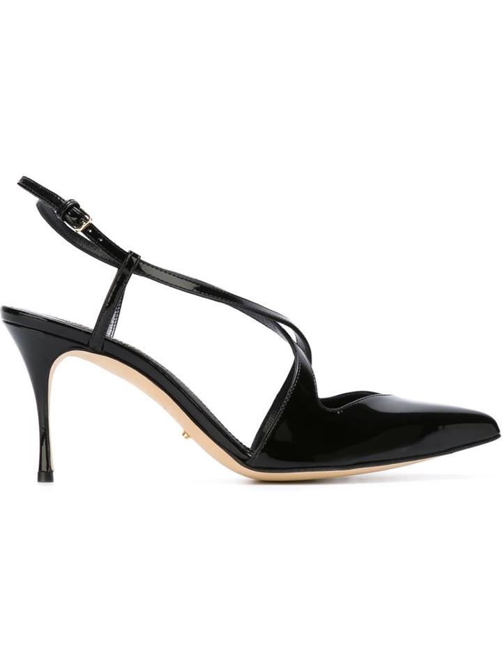 Sergio Rossi Strappy Pointed Toe Pumps, Women's, Size: 38.5, Black, Patent Leather/leather