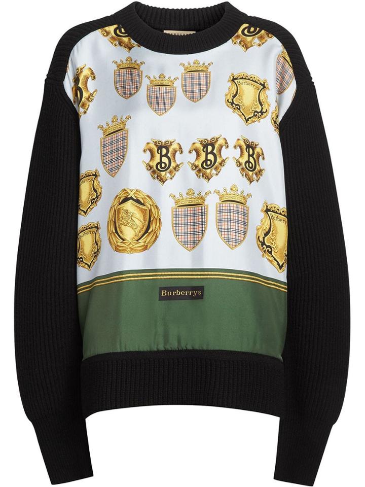 Burberry Archive Scarf Print Panel Wool Sweater - Black