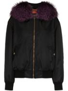 Mr & Mrs Italy Black And Purple Fox Fur Trimmed Bomber Jacket