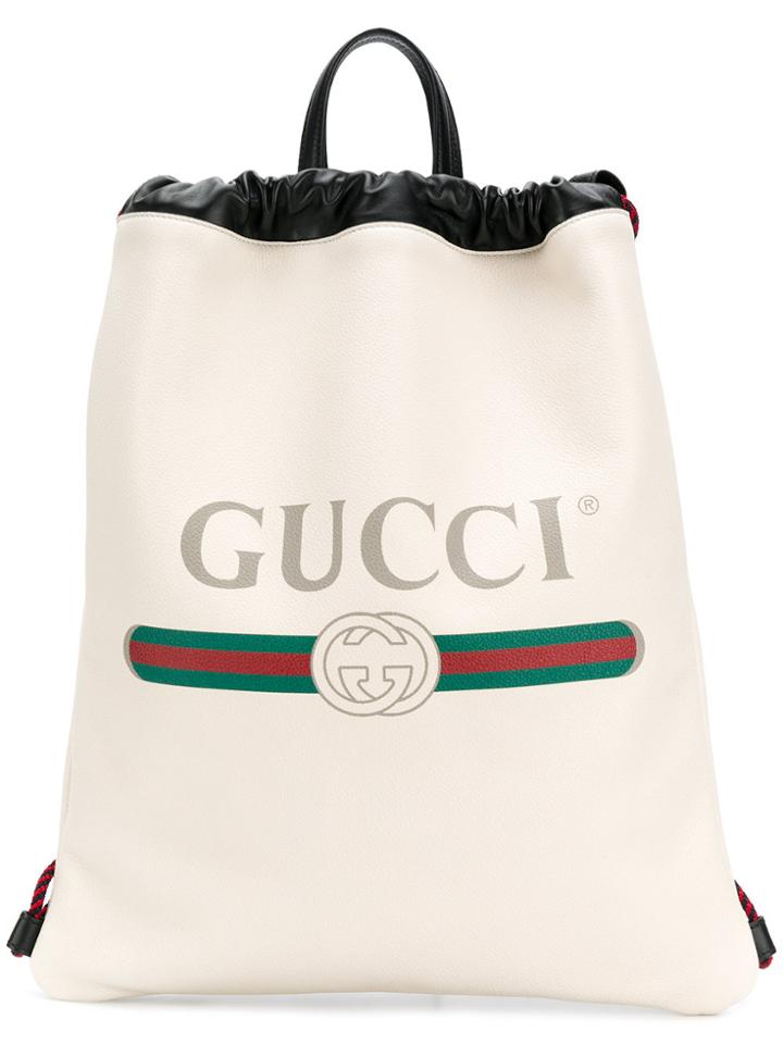 Gucci Logo Print Drawstring Backpack - White