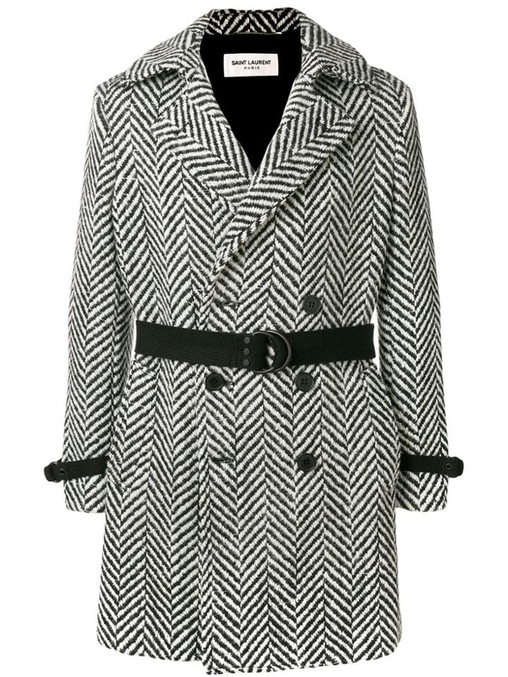 Saint Laurent Belted Wool Chevron Coat - Black