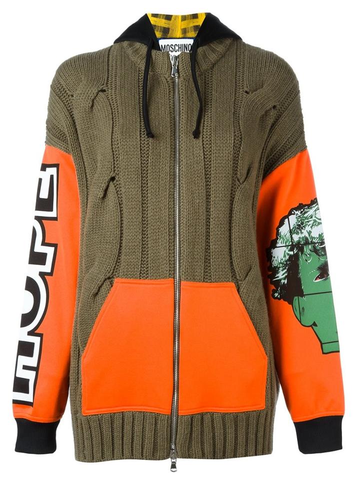 Moschino Cable Knit Printed Cardigan, Women's, Size: 42, Green, Cotton/polyamide/polyester/virgin Wool