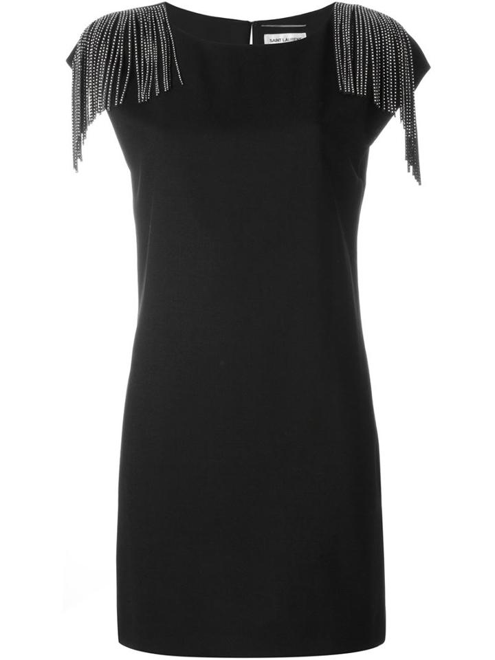 Saint Laurent Fringed Shift Dress, Women's, Size: 36, Black, Silk/lamb Skin/wool