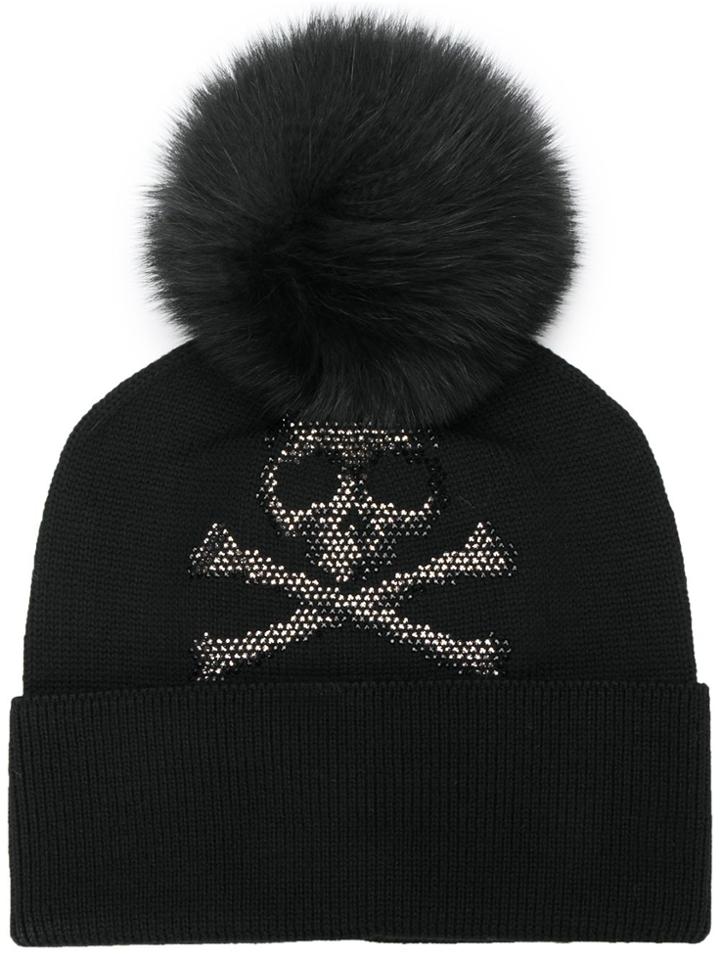 Philipp Plein Embellished Skull Bobble Hat - Black