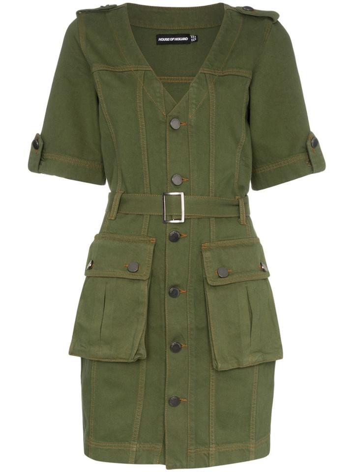 House Of Holland Belted Cotton Mini Dress - Green