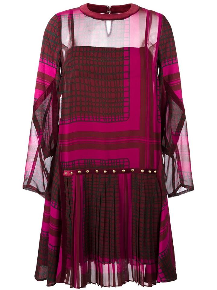 Sacai Printed Pleated Dress, Women's, Size: 3, Pink, Polyester/cotton/cupro