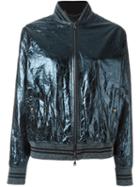 Diesel Black Gold Cracked Effect Bomber Jacket, Women's, Size: 40, Blue, Lamb Skin/viscose/polyester