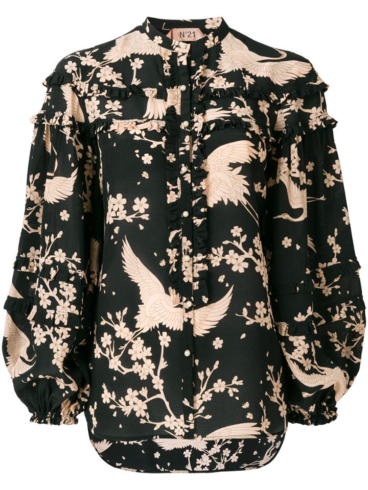 No21 Mandarin Collar Ruffle Shirt - Black