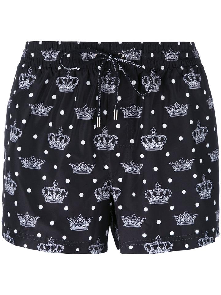 Dolce & Gabbana Crown Print Swim Shorts, Men's, Size: 3, Black, Polyester