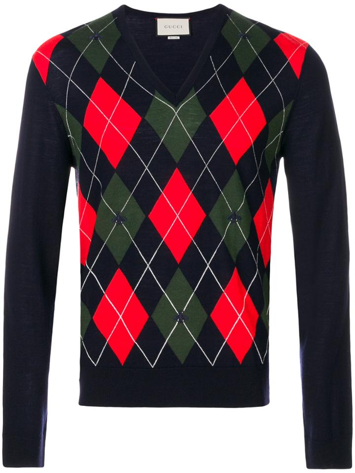Gucci Patterned V-neck Jumper - Blue