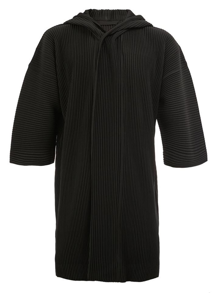 Homme Plissé Issey Miyake Pleated Hooded Shortsleeved Coat, Men's, Size: 1, Black, Polyester